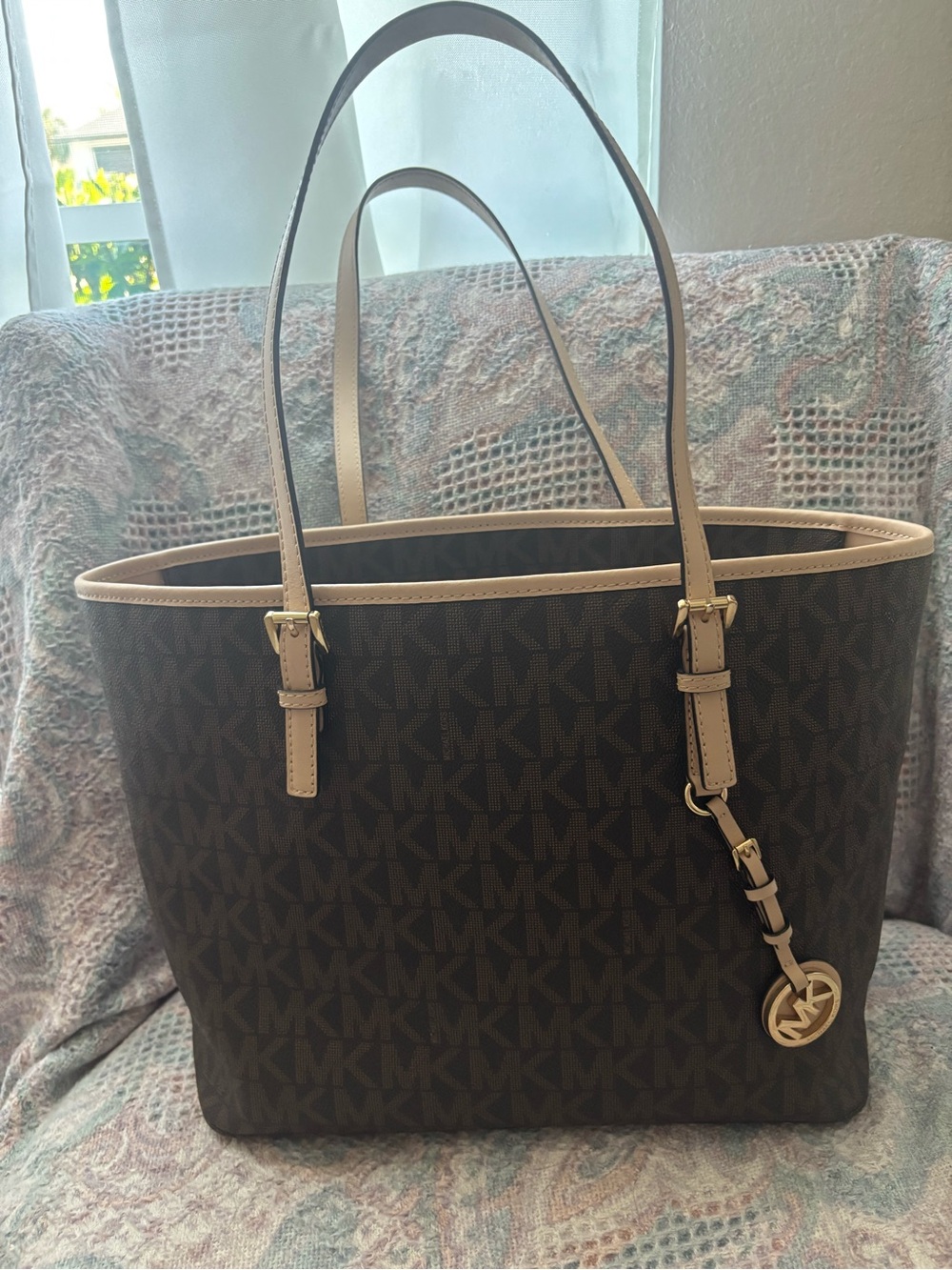 Michael Kors Dark Brown MK Logo Tote with Beige Trim